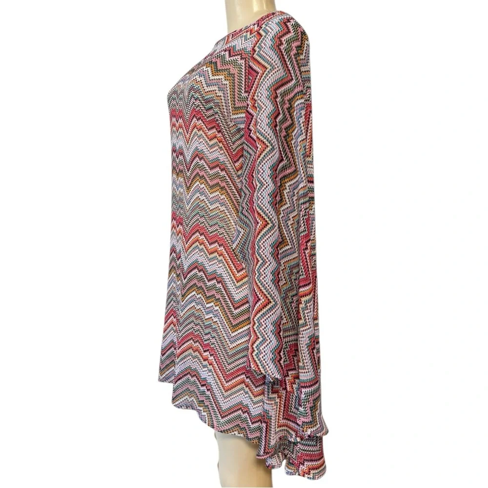 Stella Cruz Pink Multicolored Sheer Chevron Blouse‎ Kimono Flare Sleeve Cover-Up